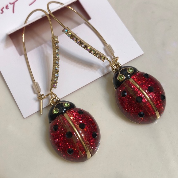 Betsey Johnson Red Glitter Resin Ladybug Drop Earrings Crystal Accents NWT - Picture 6 of 11